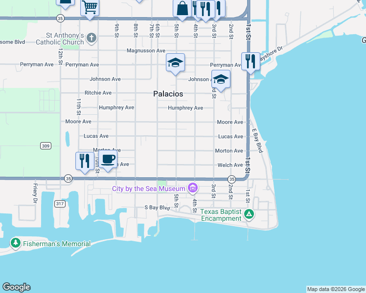 map of restaurants, bars, coffee shops, grocery stores, and more near 408 East Morton Avenue in Palacios