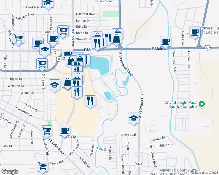 map of restaurants, bars, coffee shops, grocery stores, and more near Maverick County Lake Jogging Trail in Eagle Pass