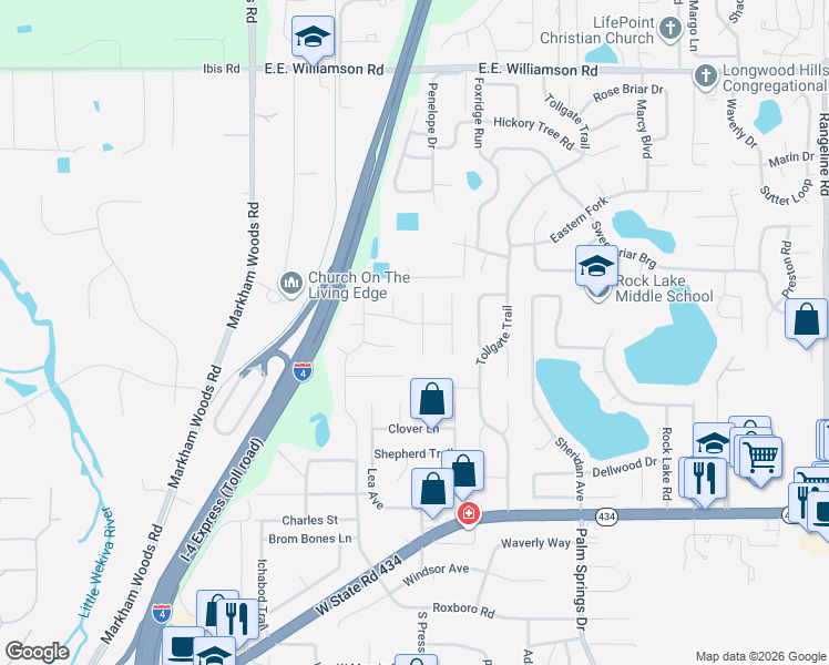 map of restaurants, bars, coffee shops, grocery stores, and more near 1 Horseman Cove in Longwood