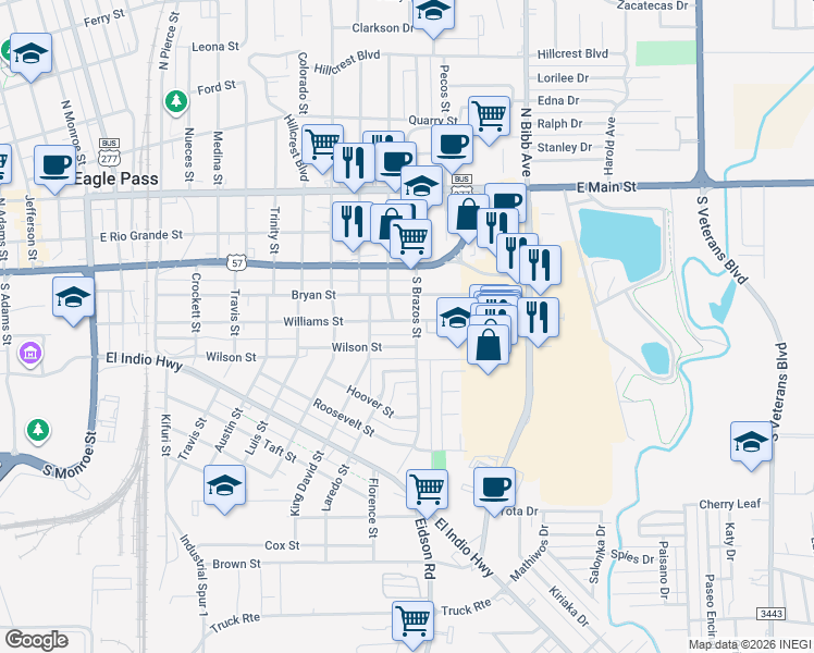 map of restaurants, bars, coffee shops, grocery stores, and more near 1882 Williams Street in Eagle Pass