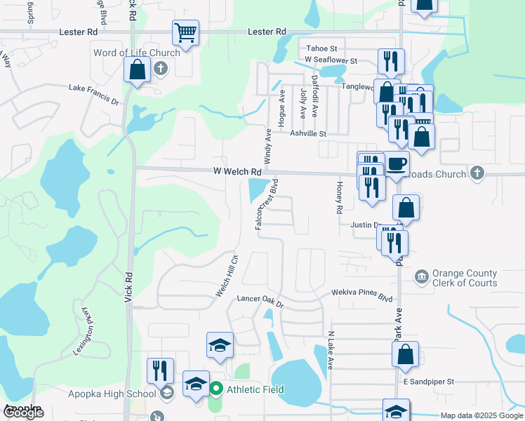 map of restaurants, bars, coffee shops, grocery stores, and more near 486 Knightswood Drive in Apopka