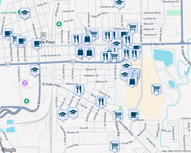 map of restaurants, bars, coffee shops, grocery stores, and more near 1694 Williams Street in Eagle Pass