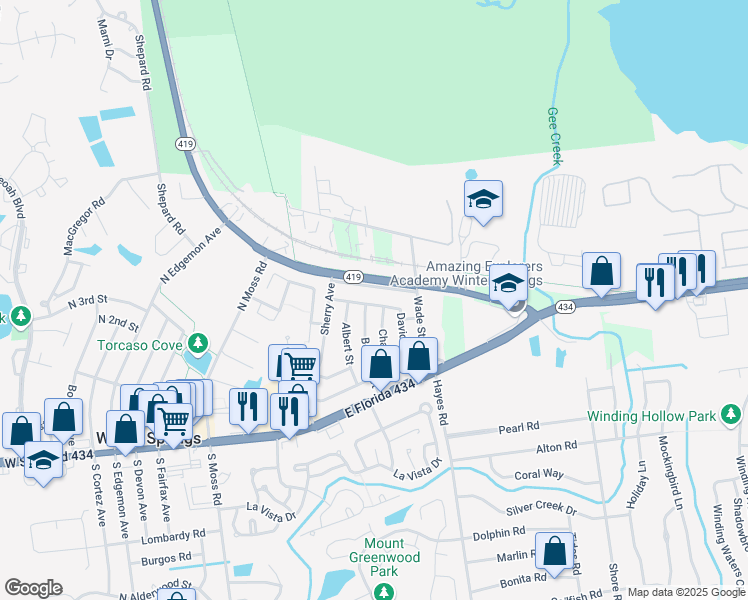 map of restaurants, bars, coffee shops, grocery stores, and more near 637 David Street in Winter Springs