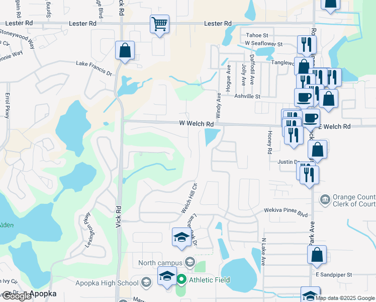 map of restaurants, bars, coffee shops, grocery stores, and more near 1350 Winged Foot Drive in Apopka