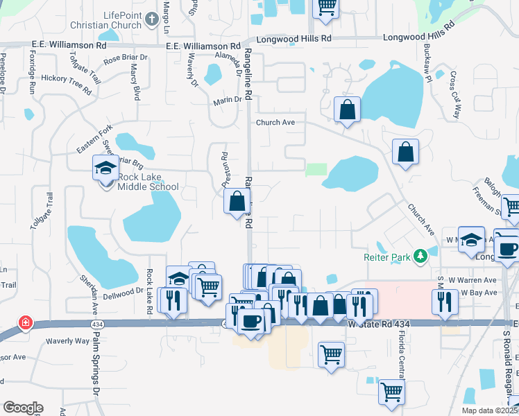 map of restaurants, bars, coffee shops, grocery stores, and more near 621 South Wildflower Court in Longwood