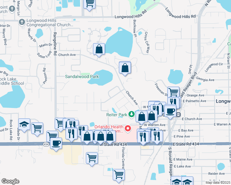 map of restaurants, bars, coffee shops, grocery stores, and more near 405 Parson Brown Way in Longwood