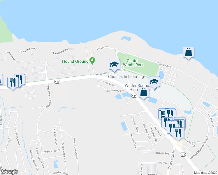 map of restaurants, bars, coffee shops, grocery stores, and more near 128 Honors Way in Winter Springs