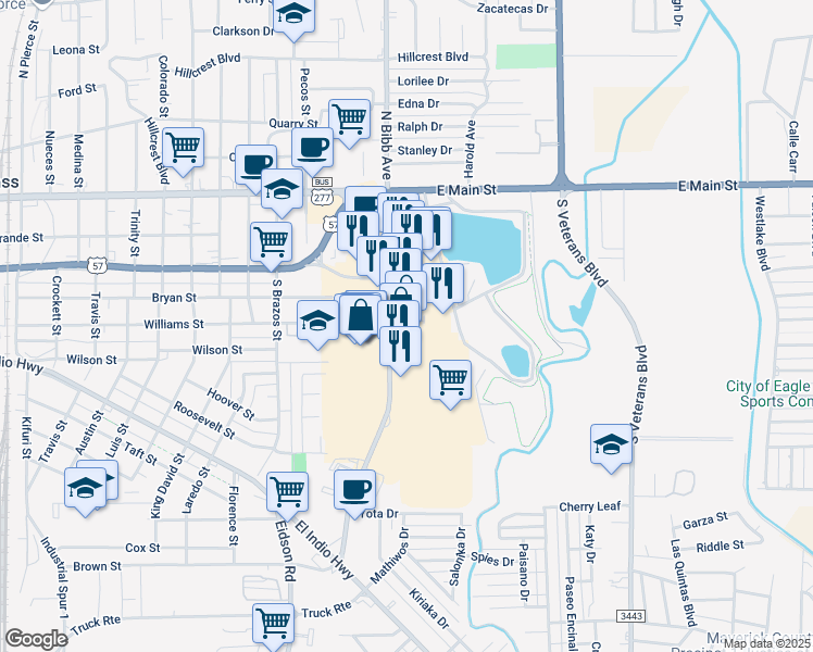 map of restaurants, bars, coffee shops, grocery stores, and more near 414 South Bibb Avenue in Eagle Pass