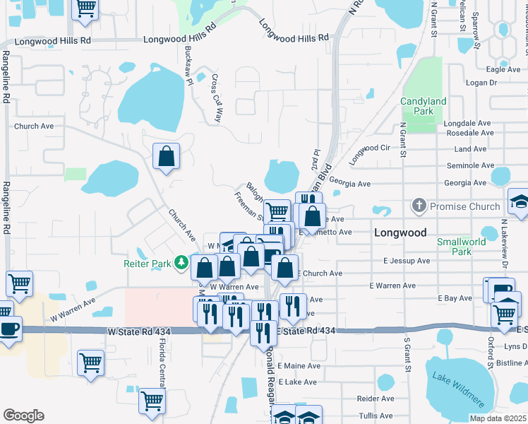 map of restaurants, bars, coffee shops, grocery stores, and more near 108 Kaiser Lane in Longwood