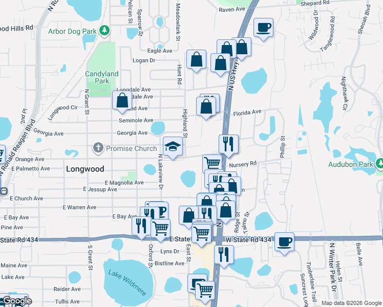 map of restaurants, bars, coffee shops, grocery stores, and more near 508 Highland Street in Longwood