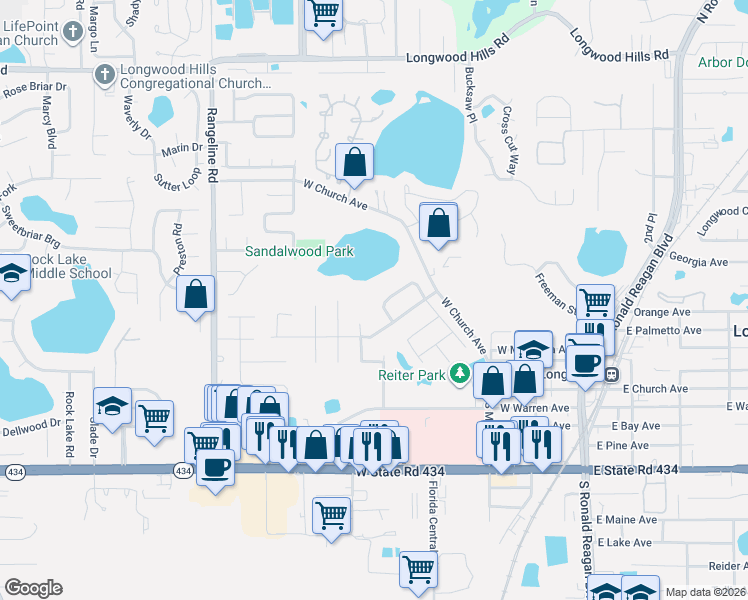 map of restaurants, bars, coffee shops, grocery stores, and more near 122 Bearss Circle in Longwood