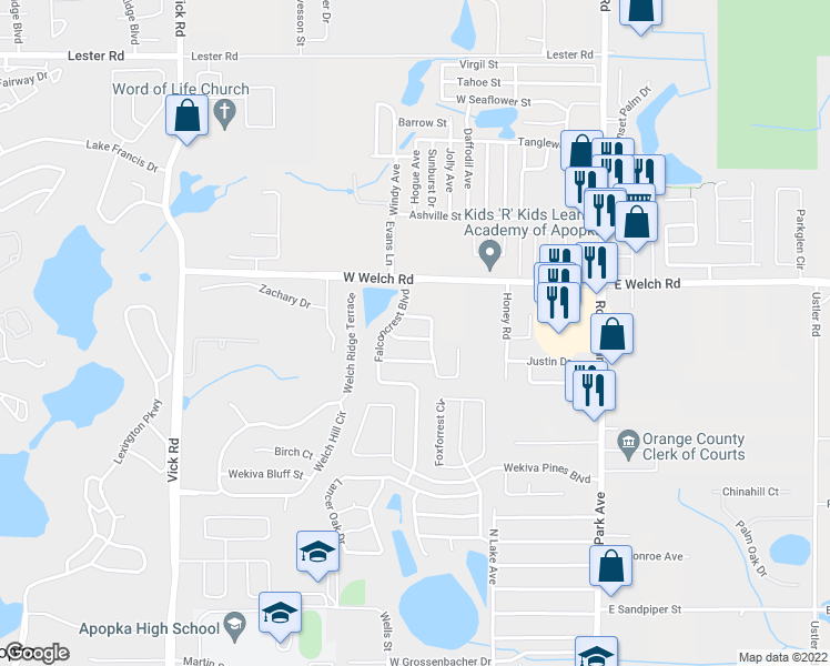 map of restaurants, bars, coffee shops, grocery stores, and more near 427 Knightswood Drive in Apopka