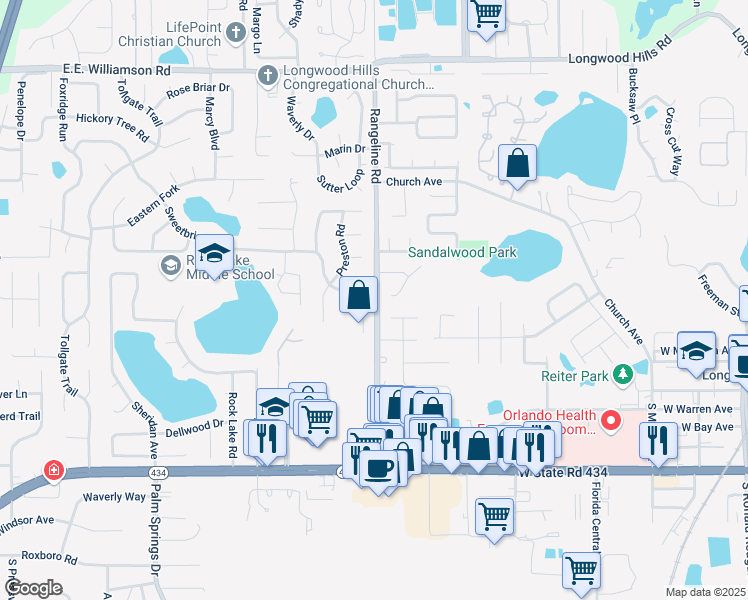 map of restaurants, bars, coffee shops, grocery stores, and more near in Longwood