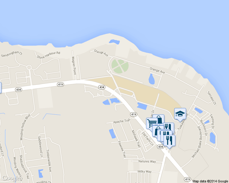 map of restaurants, bars, coffee shops, grocery stores, and more near 1100 Florida 434 in Winter Springs