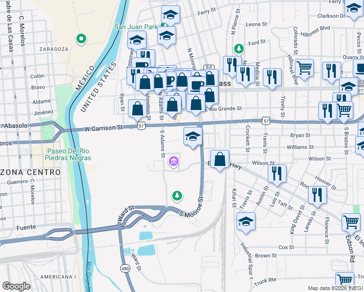 map of restaurants, bars, coffee shops, grocery stores, and more near 341 Bullis St in Eagle Pass