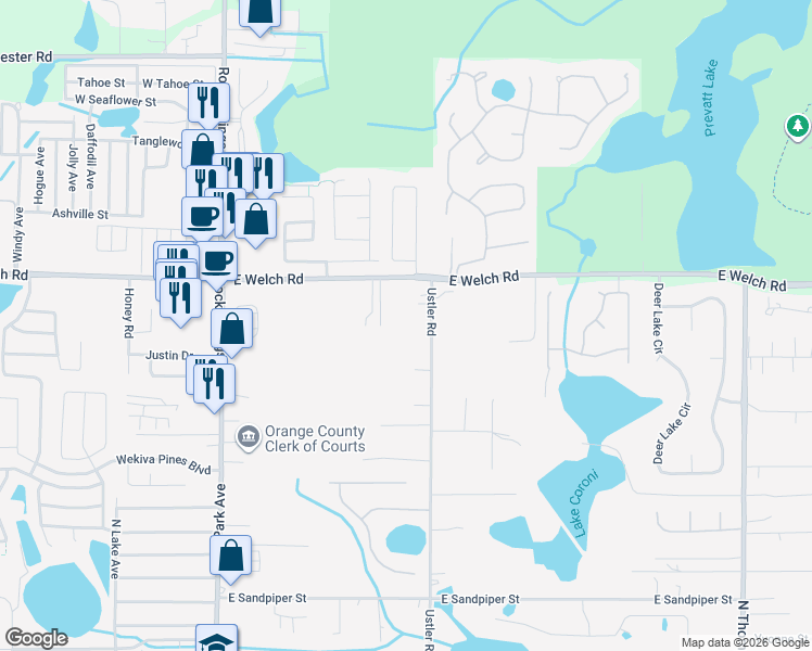 map of restaurants, bars, coffee shops, grocery stores, and more near 400 East Welch Road in Apopka