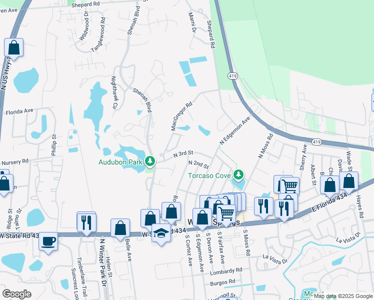 map of restaurants, bars, coffee shops, grocery stores, and more near 220 Bombay Avenue in Winter Springs
