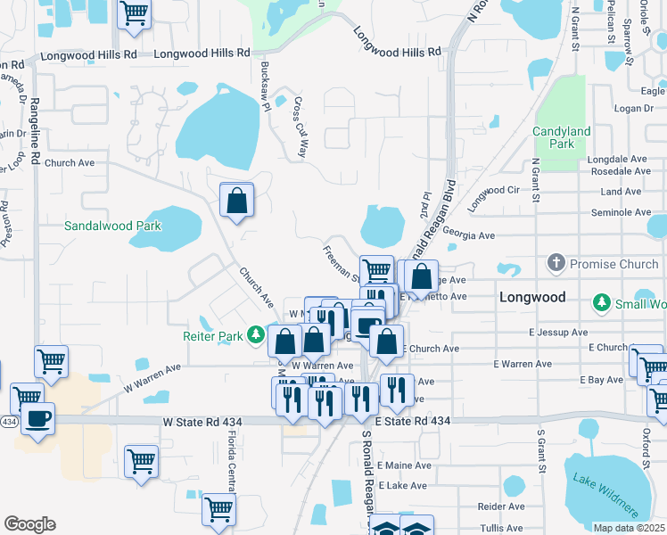 map of restaurants, bars, coffee shops, grocery stores, and more near 486 Freeman Street in Longwood
