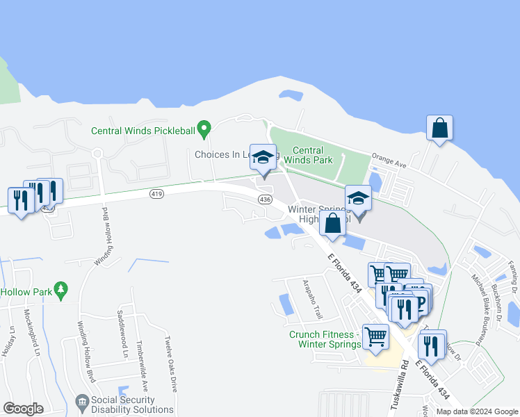 map of restaurants, bars, coffee shops, grocery stores, and more near 411 Tradition Lane in Winter Springs