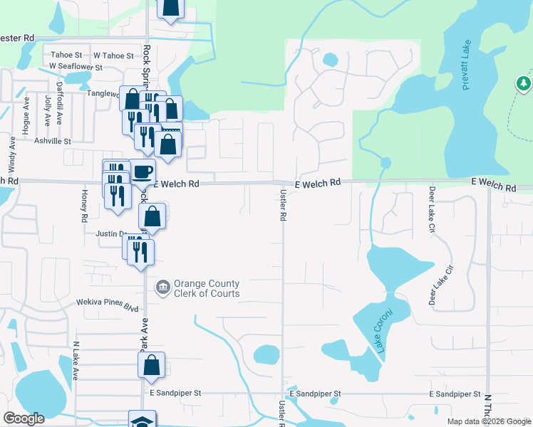 map of restaurants, bars, coffee shops, grocery stores, and more near 400 East Welch Road in Apopka