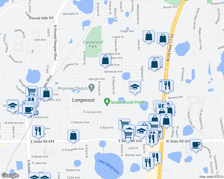 map of restaurants, bars, coffee shops, grocery stores, and more near 564 North Wayman Street in Longwood