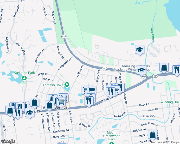 map of restaurants, bars, coffee shops, grocery stores, and more near 283 San Gabriel Street in Winter Springs