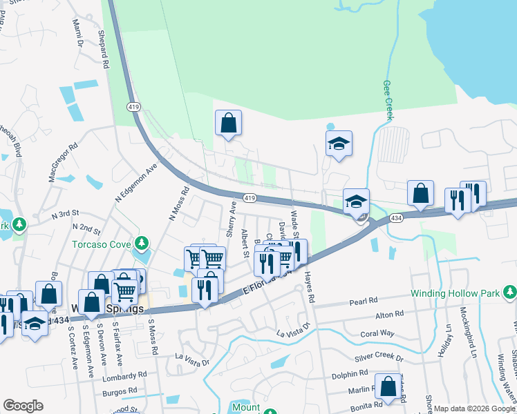 map of restaurants, bars, coffee shops, grocery stores, and more near 637 David Street in Winter Springs