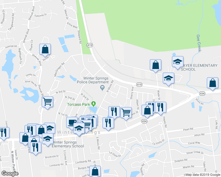 map of restaurants, bars, coffee shops, grocery stores, and more near 102 Deer Song Drive in Winter Springs