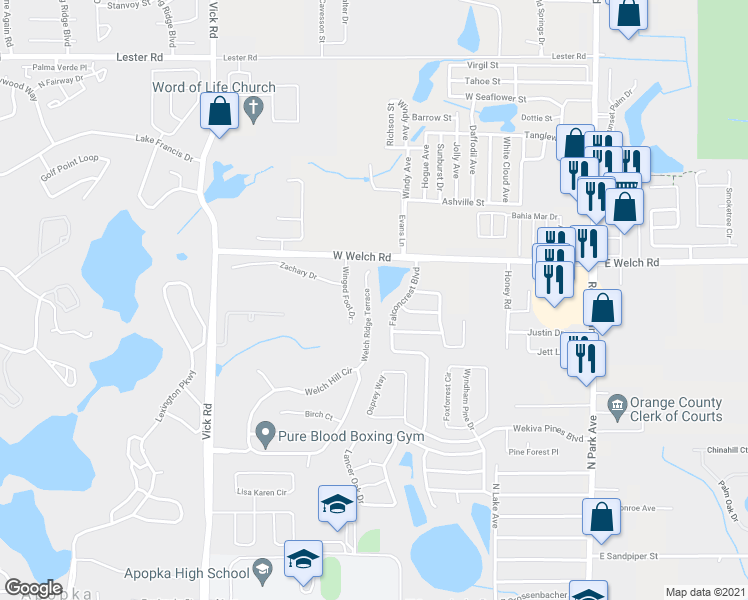 map of restaurants, bars, coffee shops, grocery stores, and more near 1349 Welch Ridge Terrace in Apopka