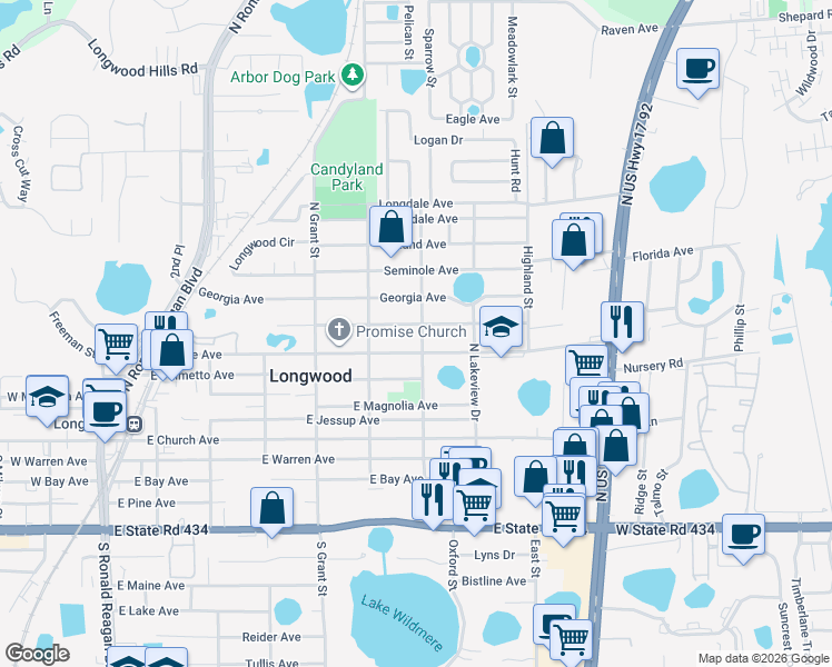 map of restaurants, bars, coffee shops, grocery stores, and more near 570 North Wayman Street in Longwood