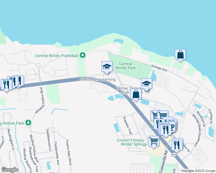 map of restaurants, bars, coffee shops, grocery stores, and more near 404 Tradition Lane in Winter Springs