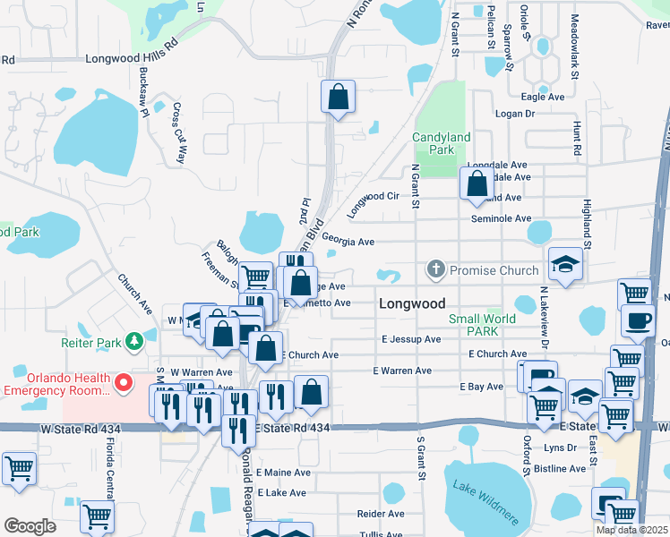 map of restaurants, bars, coffee shops, grocery stores, and more near 357 Orange Avenue in Longwood