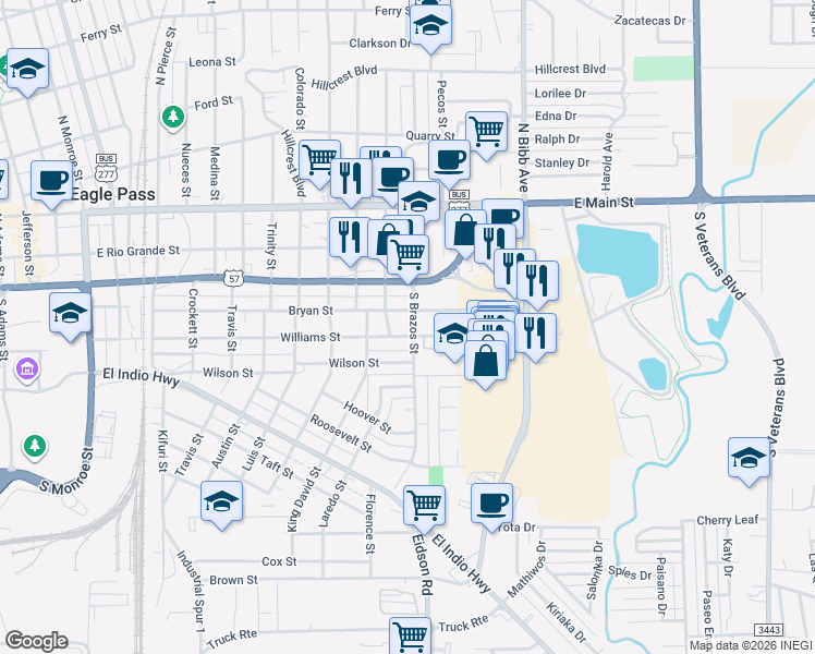 map of restaurants, bars, coffee shops, grocery stores, and more near 1882 Williams Street in Eagle Pass