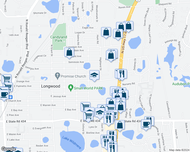 map of restaurants, bars, coffee shops, grocery stores, and more near 850 Pasadena Avenue in Longwood