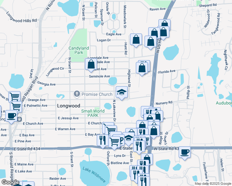 map of restaurants, bars, coffee shops, grocery stores, and more near 800 Pasadena Avenue in Longwood