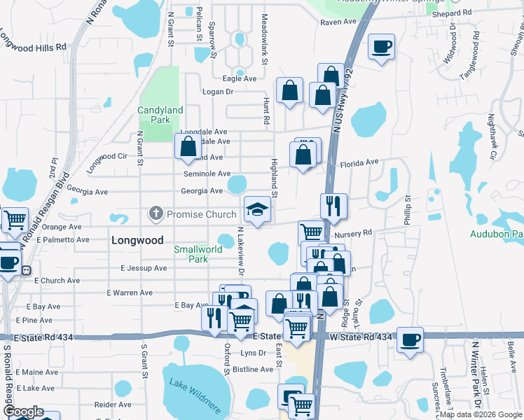 map of restaurants, bars, coffee shops, grocery stores, and more near 874 Pasadena Avenue in Longwood