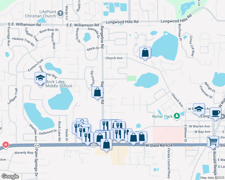 map of restaurants, bars, coffee shops, grocery stores, and more near 621 South Wildflower Court in Longwood
