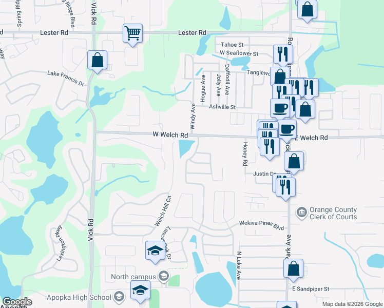 map of restaurants, bars, coffee shops, grocery stores, and more near 486 Knightswood Drive in Apopka