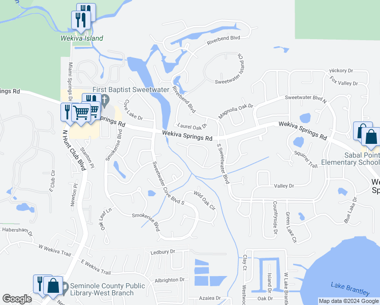 map of restaurants, bars, coffee shops, grocery stores, and more near 208 Sweetwater Creek Drive West in Longwood