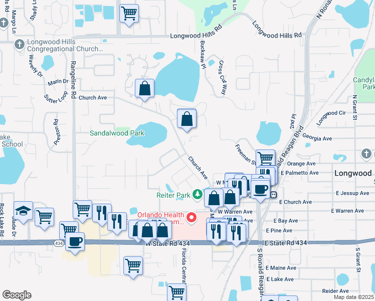 map of restaurants, bars, coffee shops, grocery stores, and more near 449 West Church Avenue in Longwood