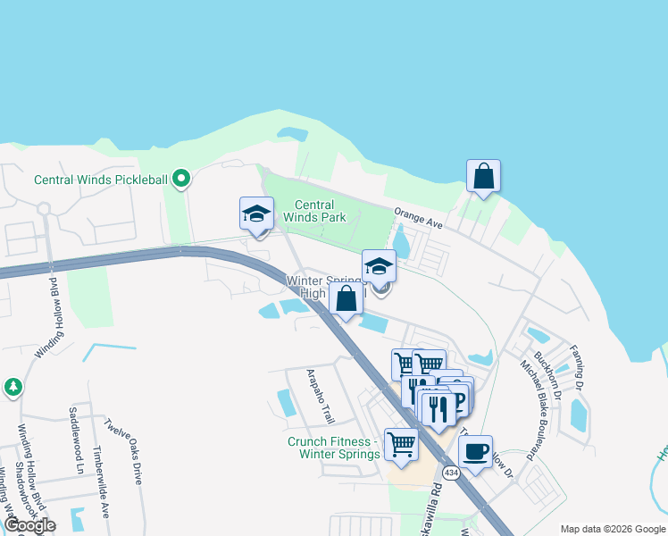 map of restaurants, bars, coffee shops, grocery stores, and more near 130 Tuskawilla Road in Winter Springs