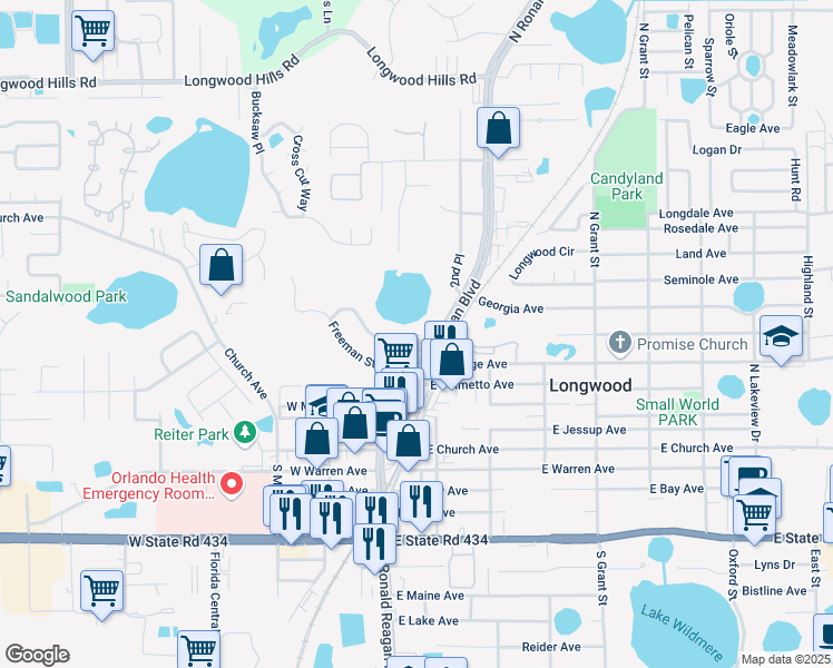 map of restaurants, bars, coffee shops, grocery stores, and more near 650 North Ronald Reagan Boulevard in Longwood