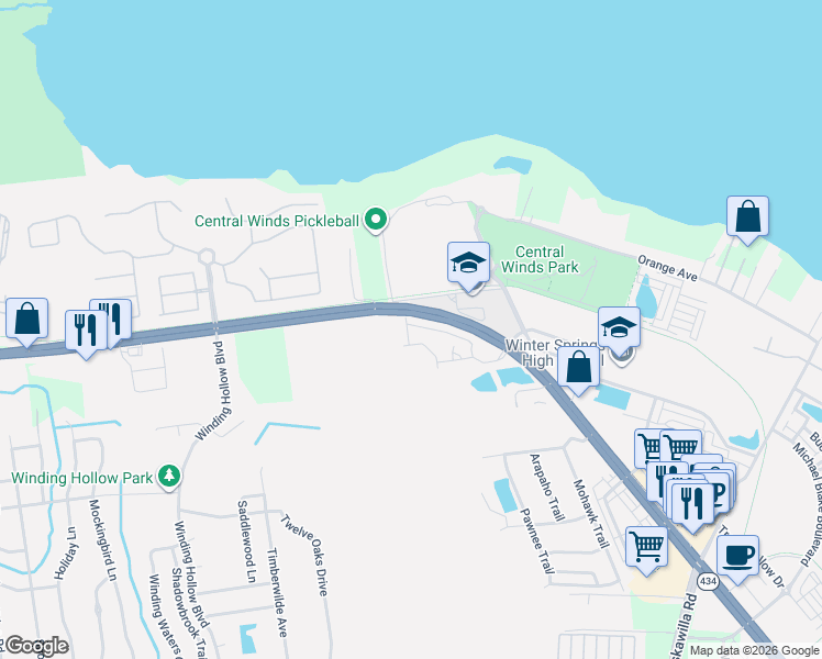map of restaurants, bars, coffee shops, grocery stores, and more near 464 Tradition Lane in Winter Springs
