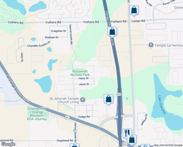 map of restaurants, bars, coffee shops, grocery stores, and more near 1625 Valeview Court in Apopka