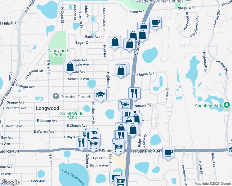 map of restaurants, bars, coffee shops, grocery stores, and more near 132 Bomar Court in Longwood