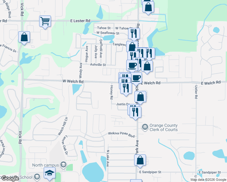 map of restaurants, bars, coffee shops, grocery stores, and more near 1364 Honey Road in Apopka