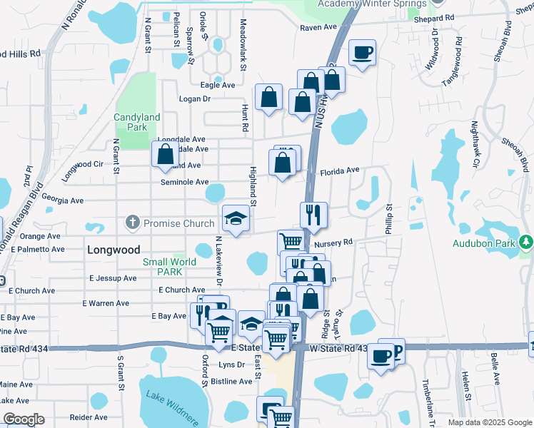 map of restaurants, bars, coffee shops, grocery stores, and more near 132 Bomar Court in Longwood