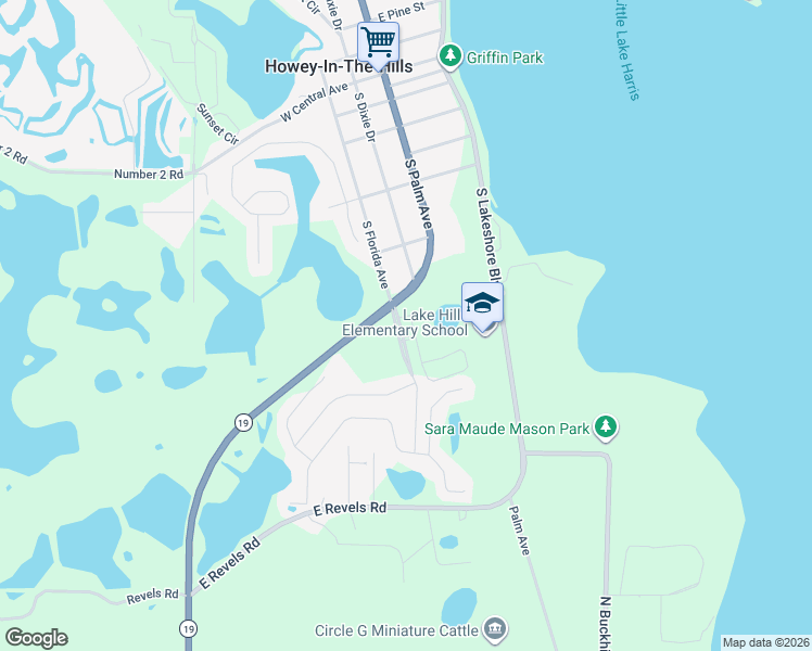 map of restaurants, bars, coffee shops, grocery stores, and more near 100 South Florida Avenue in Howey-in-the-Hills