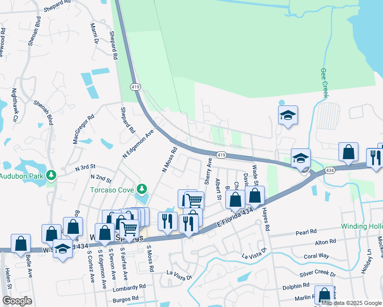 map of restaurants, bars, coffee shops, grocery stores, and more near 270 San Gabriel Street in Winter Springs