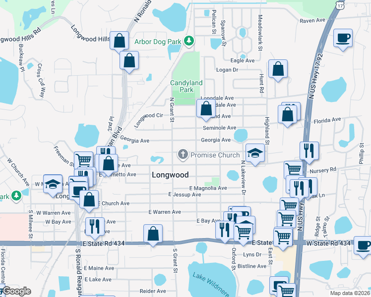 map of restaurants, bars, coffee shops, grocery stores, and more near 520 Georgia Avenue in Longwood